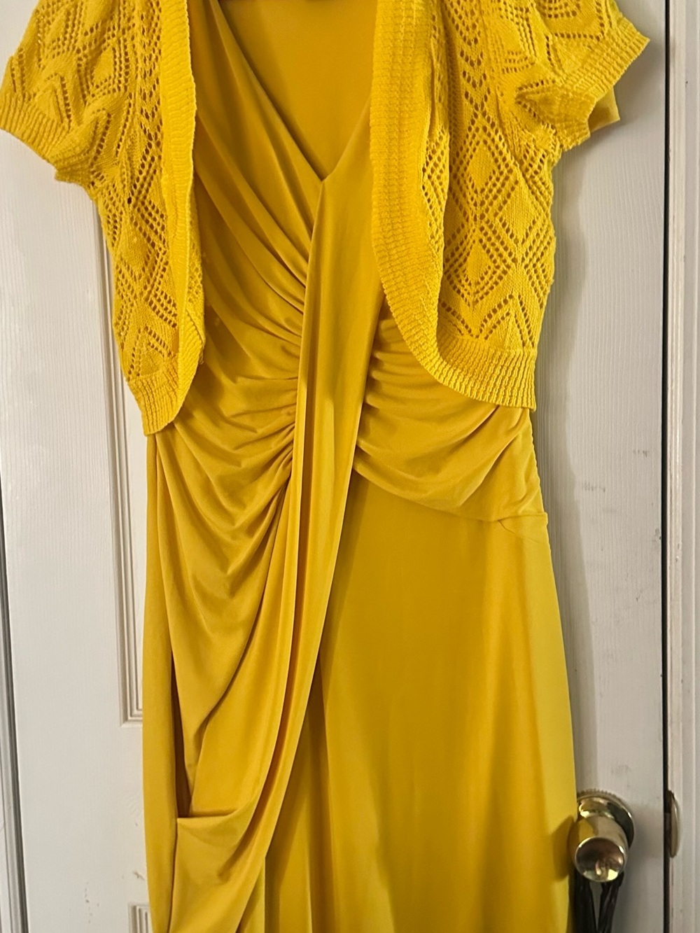 Yellow Draped V-Neck Women’s Dress with Knit Bolero